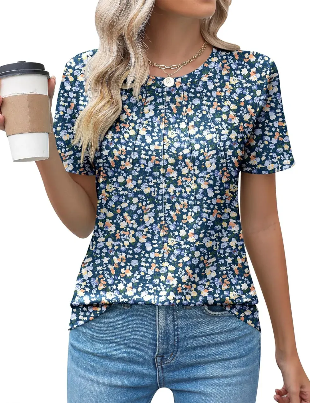 Kistore Womens Casual Crew Neck Short Sleeve Pleated Tops Blouses Fashion Clothes 2024