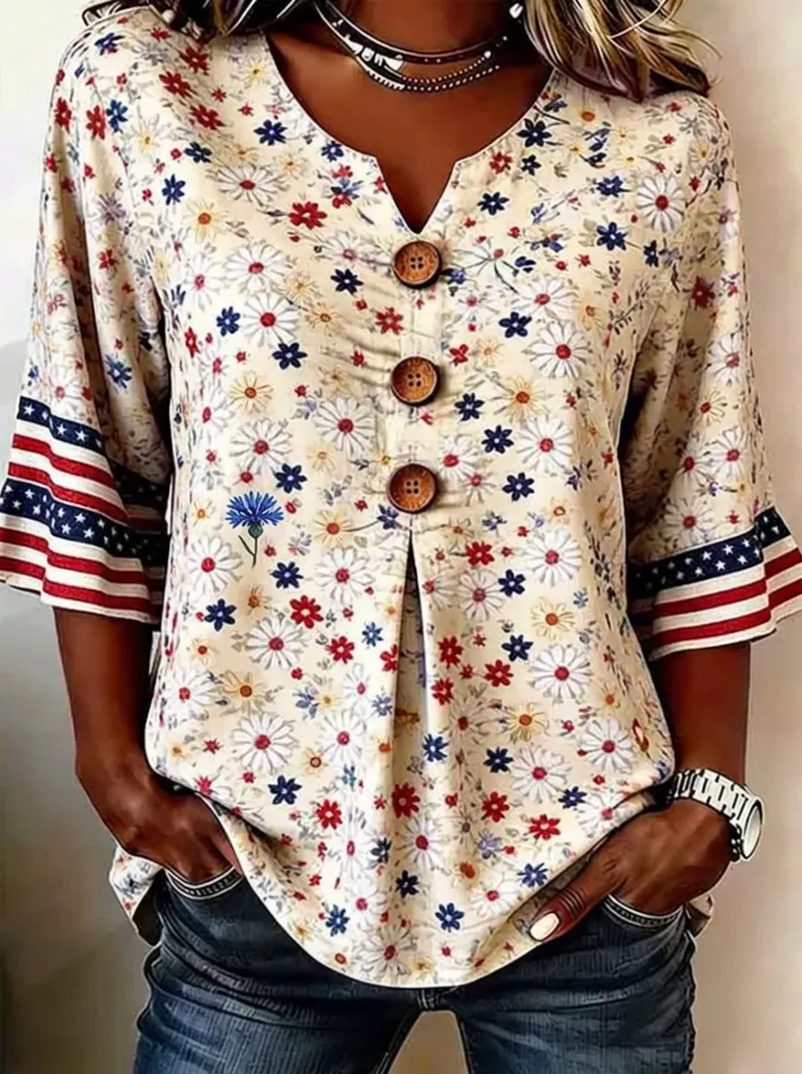 Women's Nashville Floral USA Flag Sleeve Printed V-Neck Top