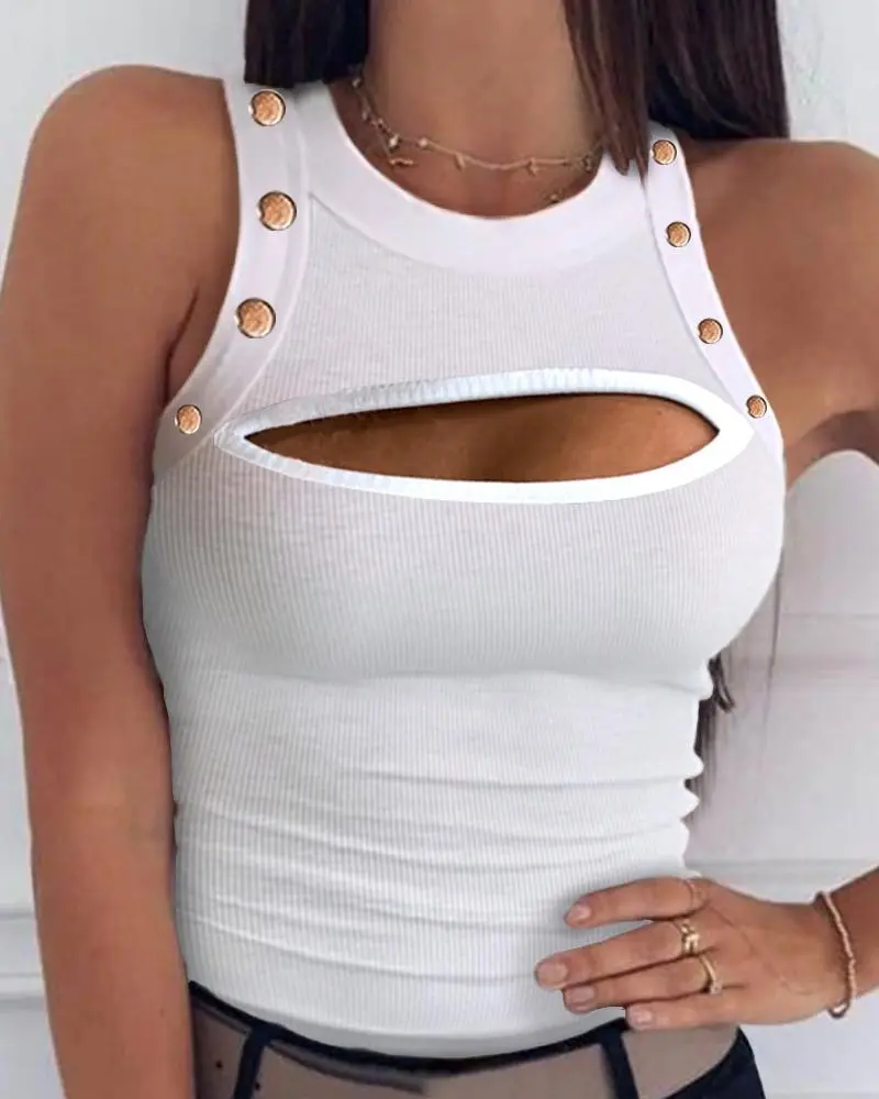Solid Cut Out Design Round Neck Tank Top
