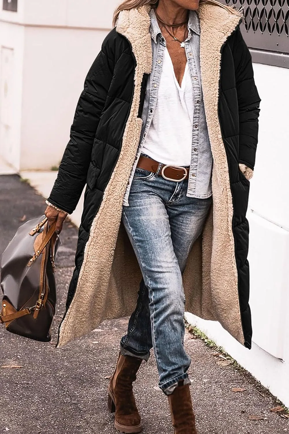 Women's 2023 Warm Winter Coats Reversible Sherpa Fleece Long Hooded Puffer Jackets Outerwear