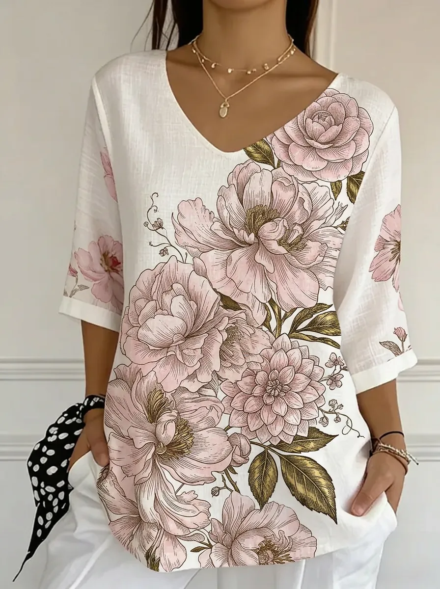 Women's Nashville Floral Peony Printed V-neck Top