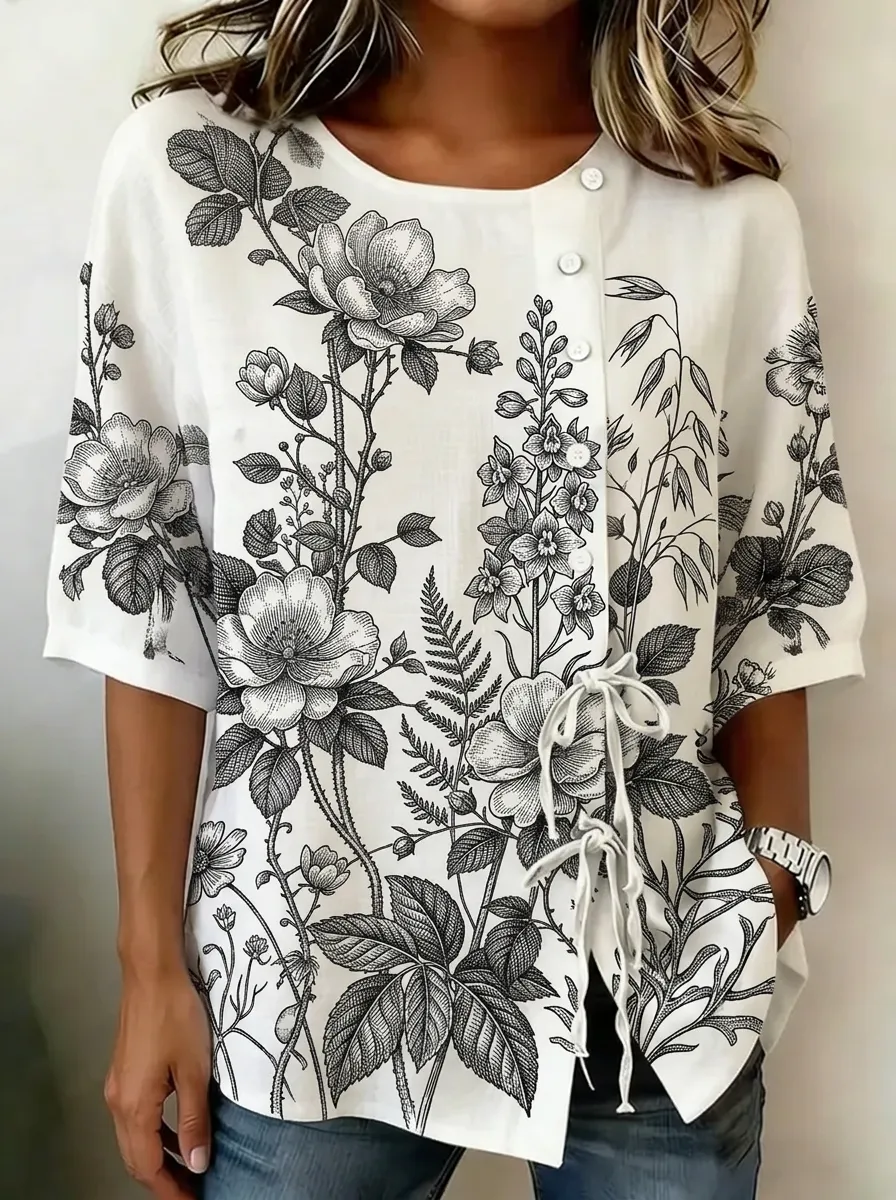 Women's Nashville Botanical Floral Sketch Printed Button-Down Shirt