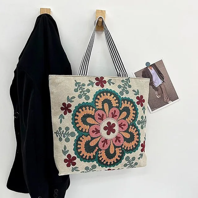 Women's Tote Shoulder Bag Canvas Tote Bag Canvas Shopping Holiday Zipper Large Capacity Foldable Lightweight Geometric Folk Style one Style Three Style two