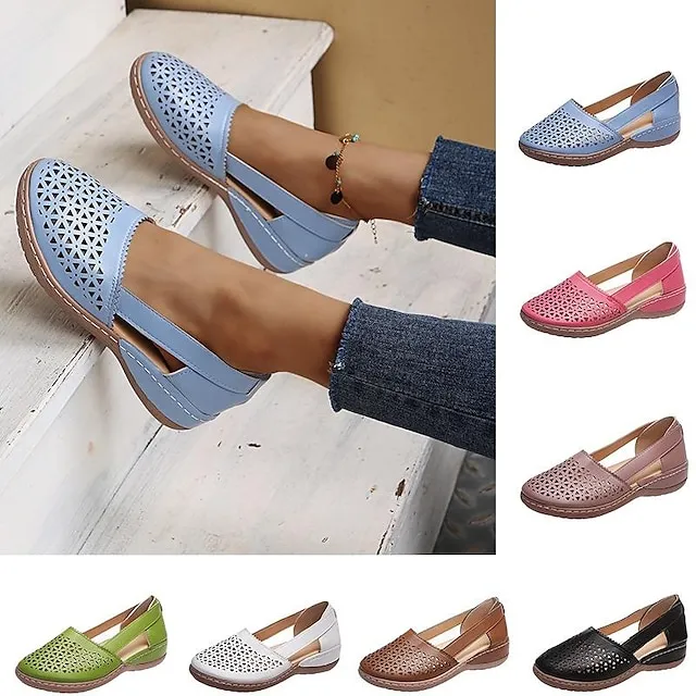 Women's Sandals Wedge Sandals Comfort Shoes Plus Size Outdoor Work Daily Summer Hollow Out Flat Heel Round Toe Classic Casual Minimalism Walking Shoes Faux Leather Loafer Solid Color Solid Colored