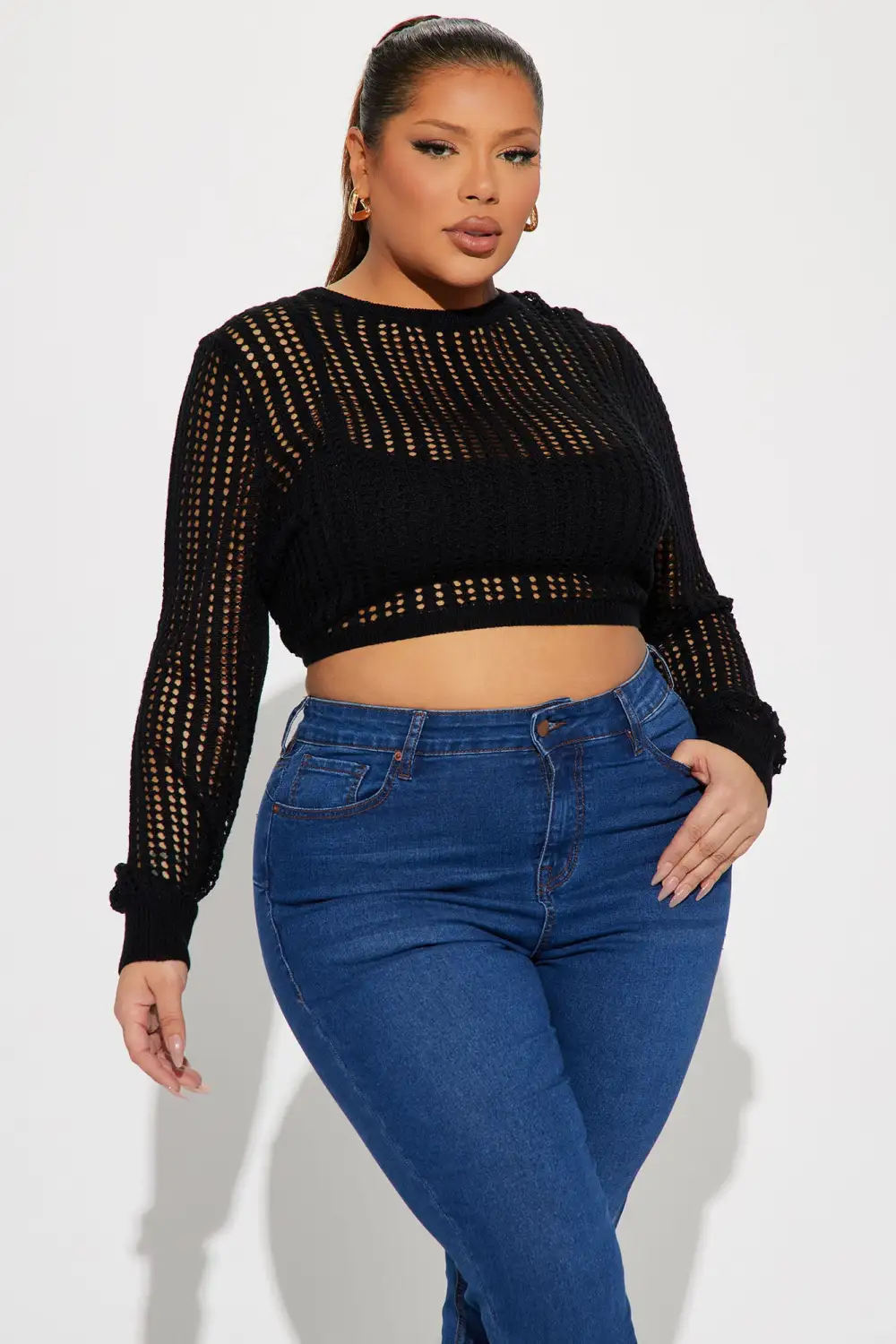 Heading Out Crochet Open Back Sweater - Black