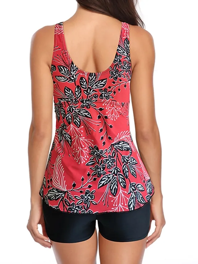 Women's Swimwear Swim Dress 2 Piece Plus Size Swimsuit Open Back Printing Trees / Leaves Tropical Black Pink Blue Purple Green Camisole V Wire Bathing Suits New Vacation Fashion