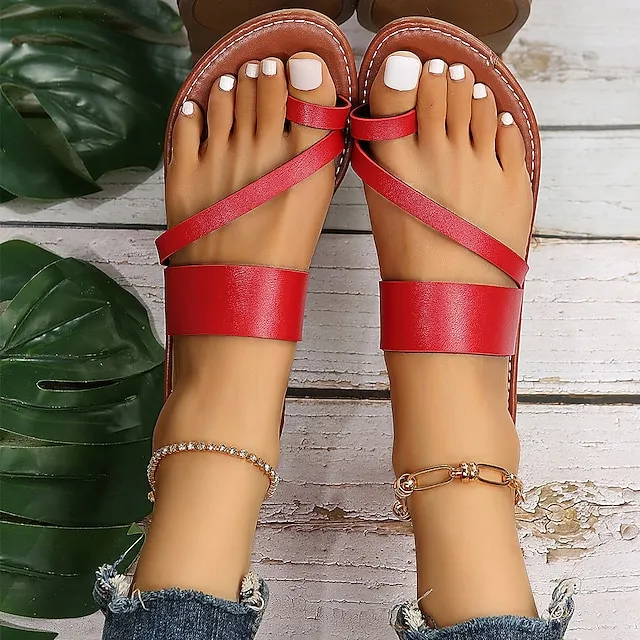 Women's Sandals Flat Sandals Orthopedic Sandals Bunion Sandals Outdoor Daily Beach Summer Flat Heel Round Toe Open Toe Classic Minimalism Walking Shoes Synthetics Loafer Solid Colored Black Red Brown