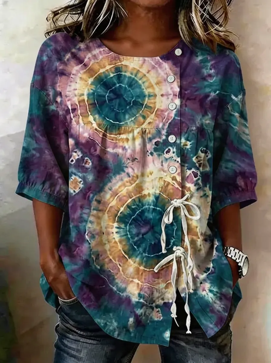 Women's Nashville Music Tie-Dye Printed Button-Down Top