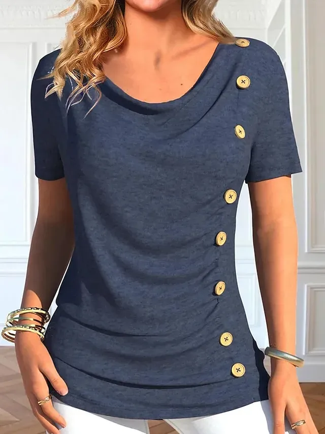 Women's T shirt Tee Blouse Black Red Navy Blue Plain Button Short Sleeve Casual Basic Round Neck Regular S