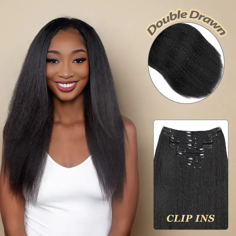 Double Drawn Kinky Straight Clip In Hair Extensions Human Hair Clip Ins 120g 8pcs With 18 Clips