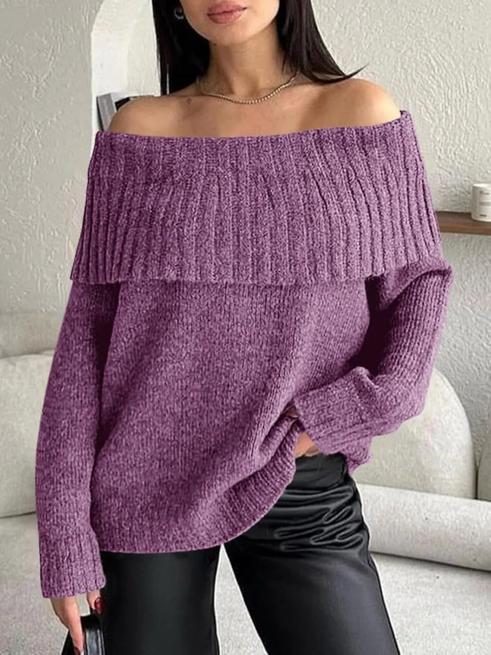 🎄Hot Sale Off The Shoulder Sweaters Long Sleeve Slouchy Knitted Casual Loose Fall Trendy Pullover Tops