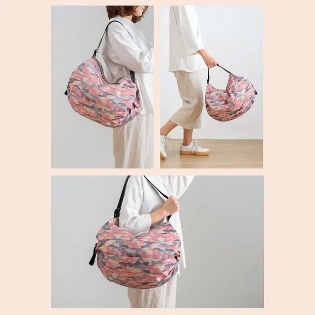 Women's Shoulder Bag Duffle Bag Nylon Shopping Daily Zipper Large Capacity Waterproof Foldable Solid Color Geometric Color Block Pink camouflage Diamond pattern Yellow dots