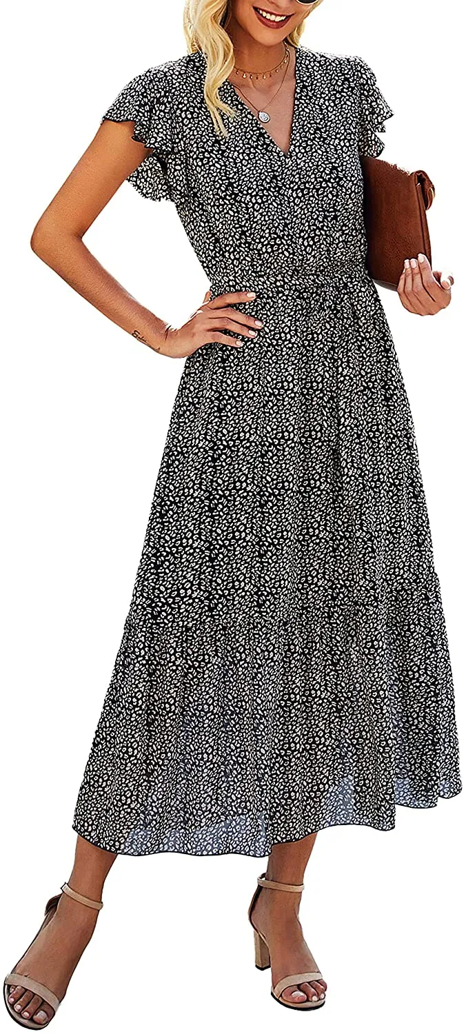 Women Summer Bohemian Floral Casual Wrap V Neck Ruffle Cap Sleeveless Belt A-Line Pleated Hem Swing Midi Sun Dress