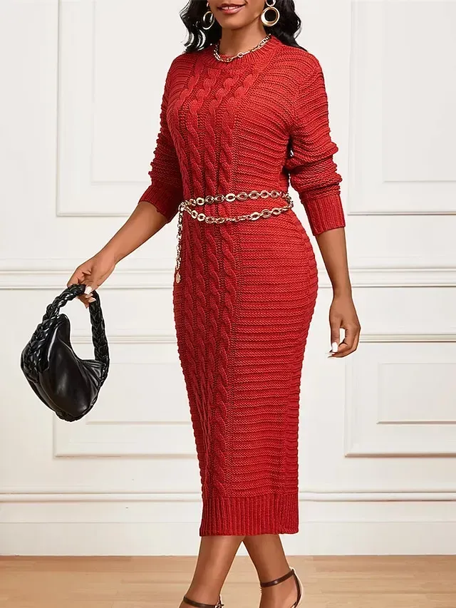 Women's Sweater Dress Crew Neck Ribbed Knit Polyester Knitted Fall Winter Long Outdoor Daily Going out Stylish Casual Soft Long Sleeve Pure Color Black Yellow Wine S M L