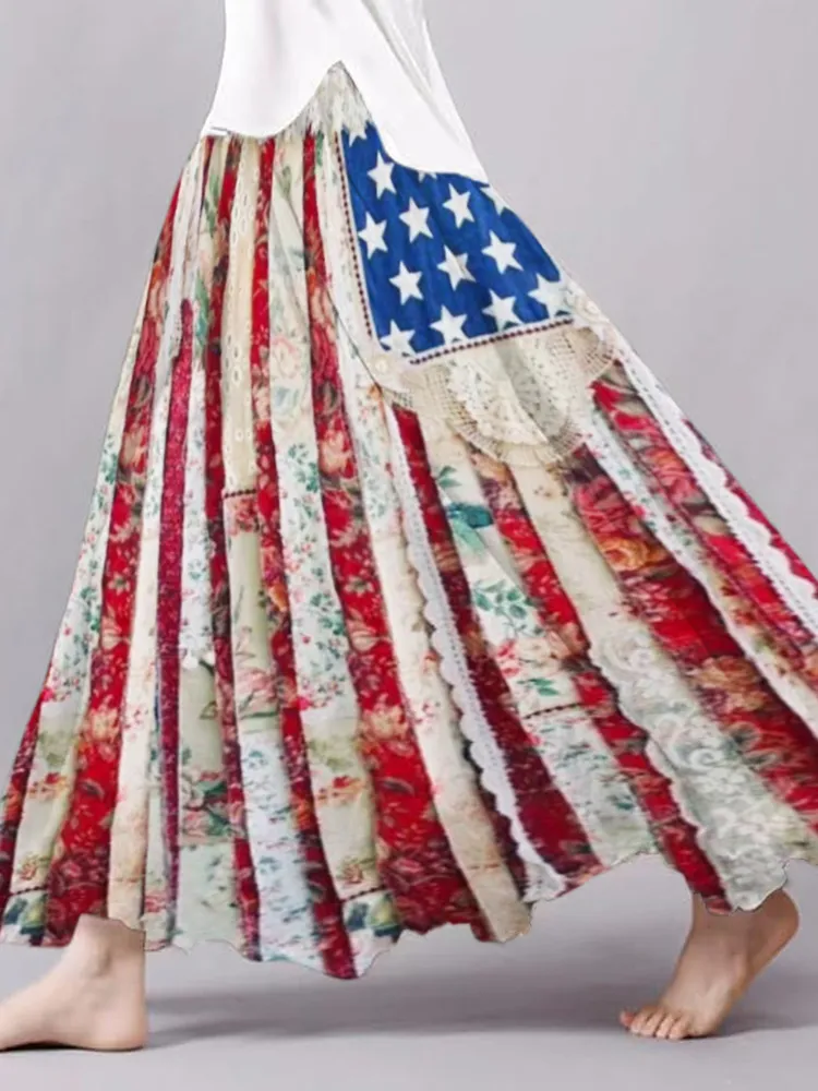 Vintage Boho Flag Women's Linen Flutter Half Skirt