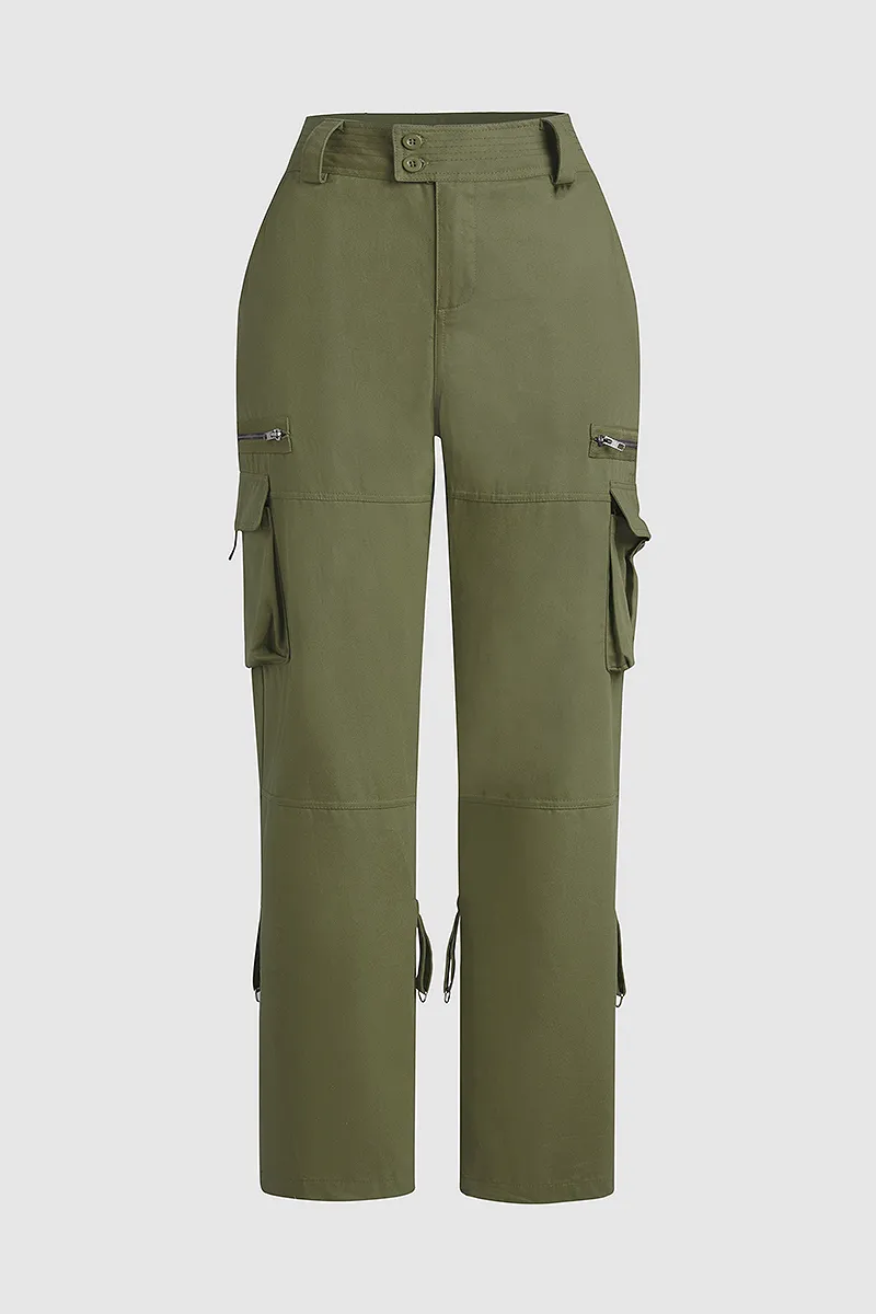 Flap Pocket Zip Detail Straight Leg Cargo Pants