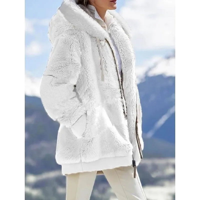 New  Long Plush  Solid Color Hooded Coat