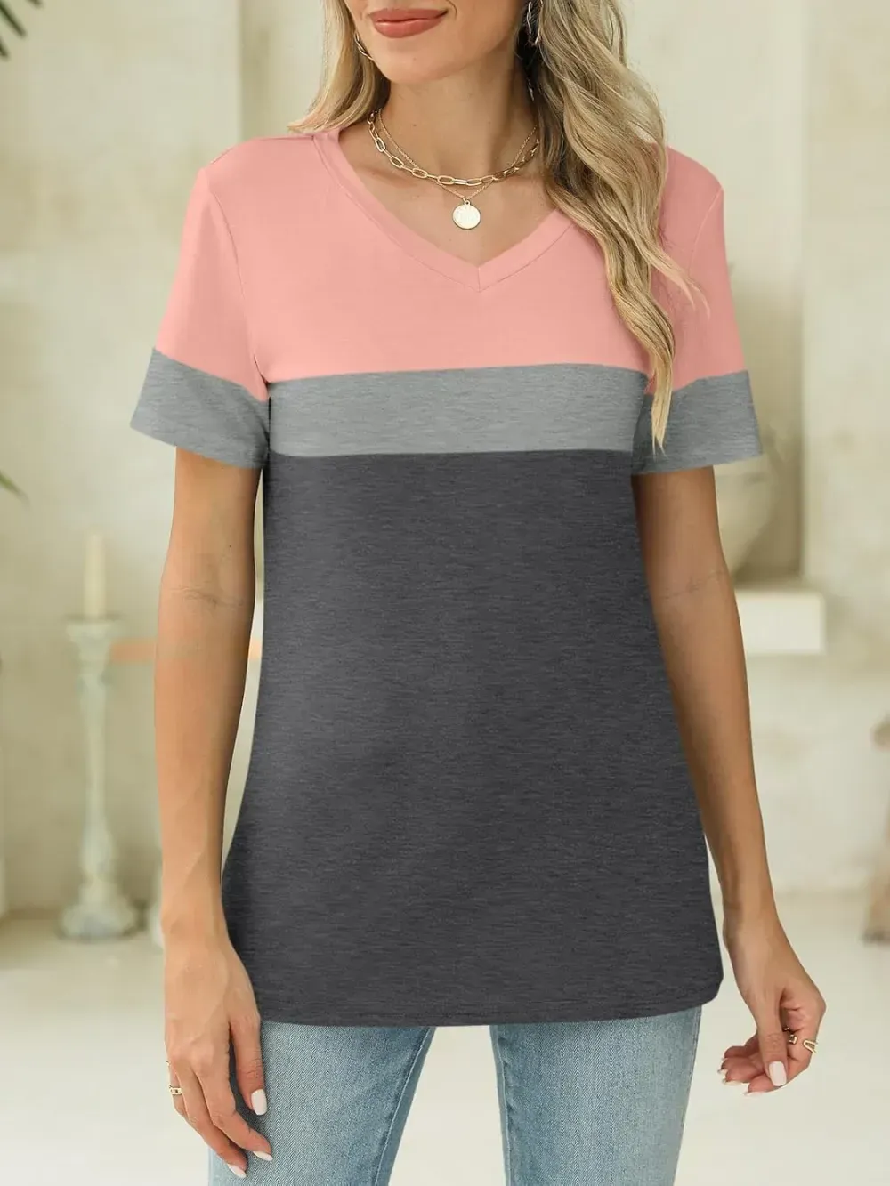 ORANDESIGNE Women's Color Block Short Sleeve T Shirts Casual V Neck Summer Tops Tees Loose Fit Blouses