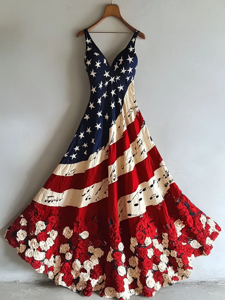 Women's Independence Day Flag And Floral Musical Notes Pattern Sleeveless Dress