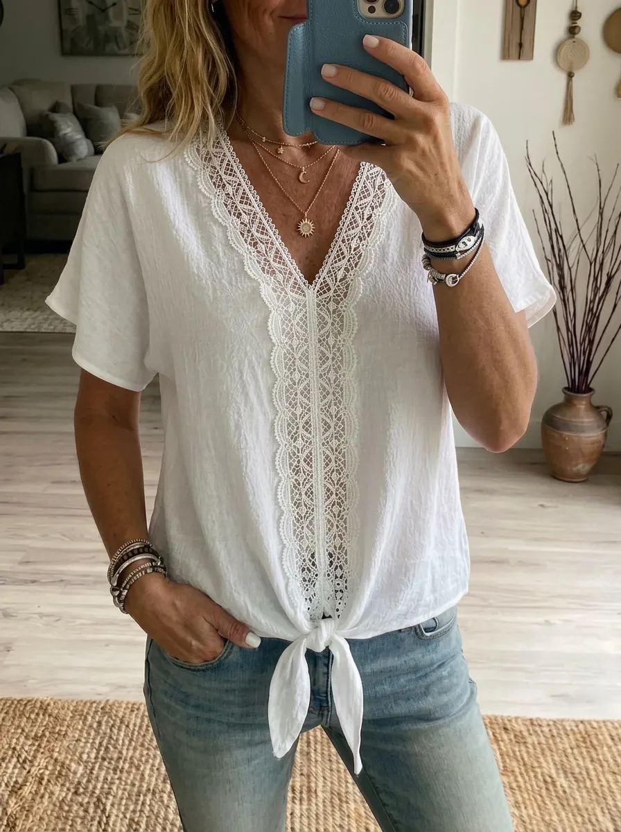 Women's Nashville Country Style Lace Trim Tie Front Printed Top