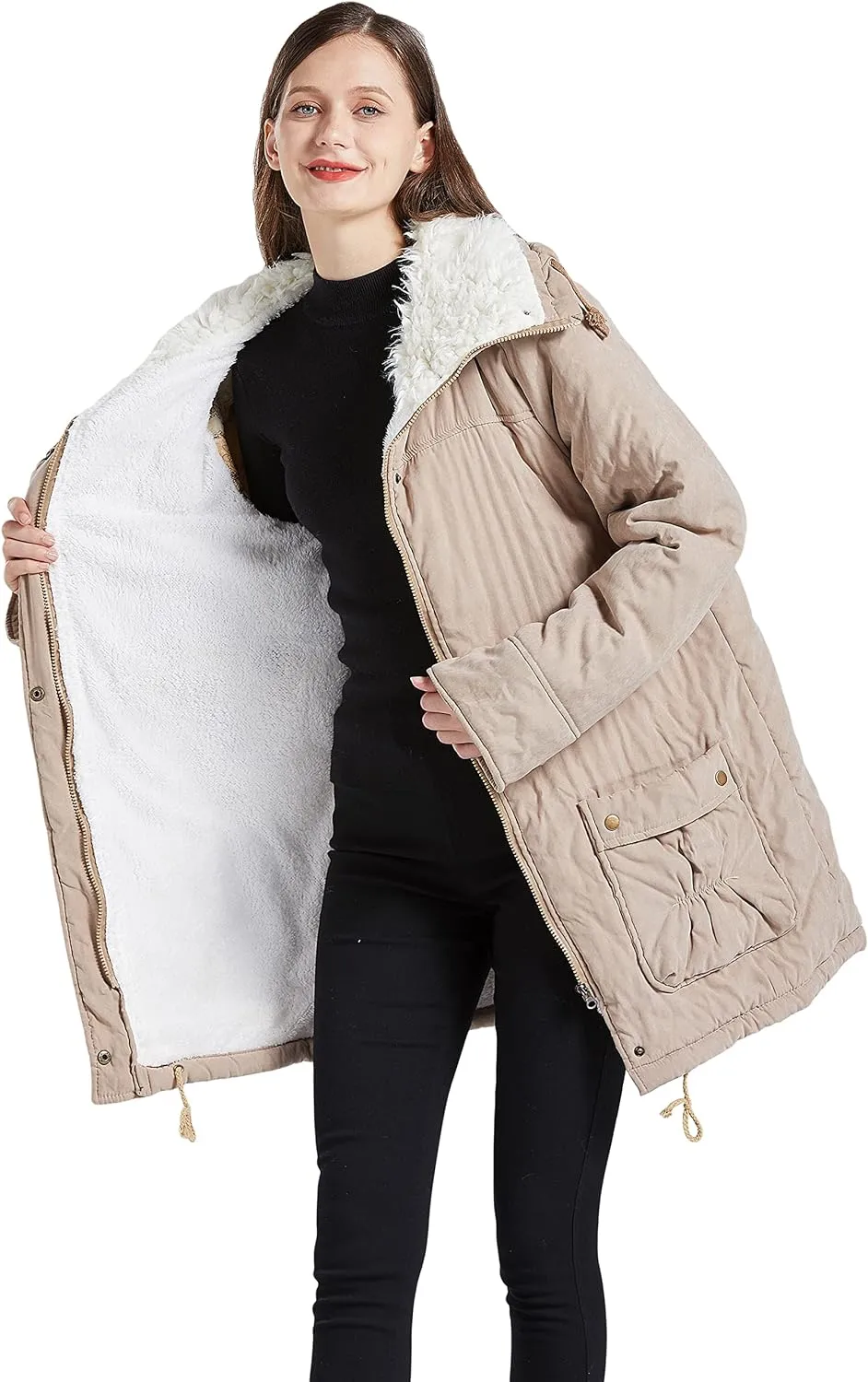 Women's Winter Mid Length Thick Warm Faux Lamb Wool Lined Jacket Coat