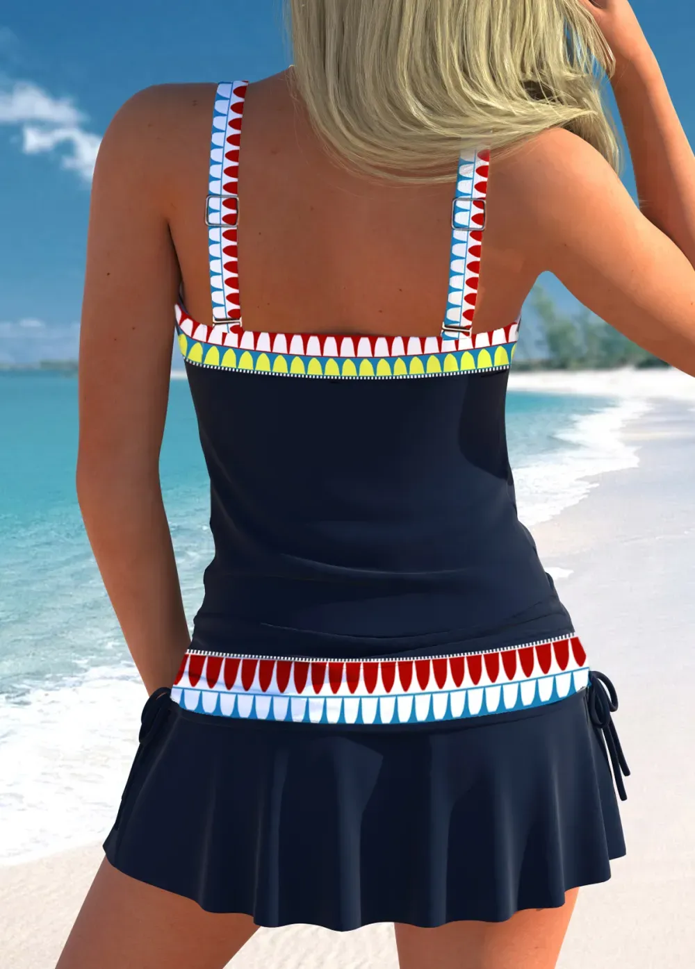 Drawstring Geometric Print Dusty Blue Tankini Top