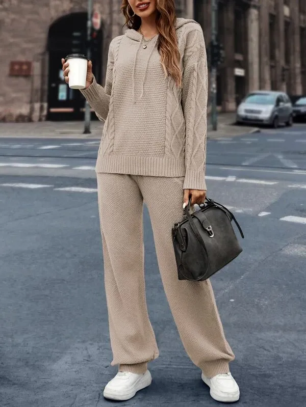Drop Shoulder Cable Knit Drawstring Hooded Sweater & Knit Pants