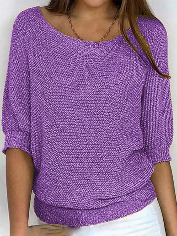 Women's solid color casual loose three-quarter sleeve sweater