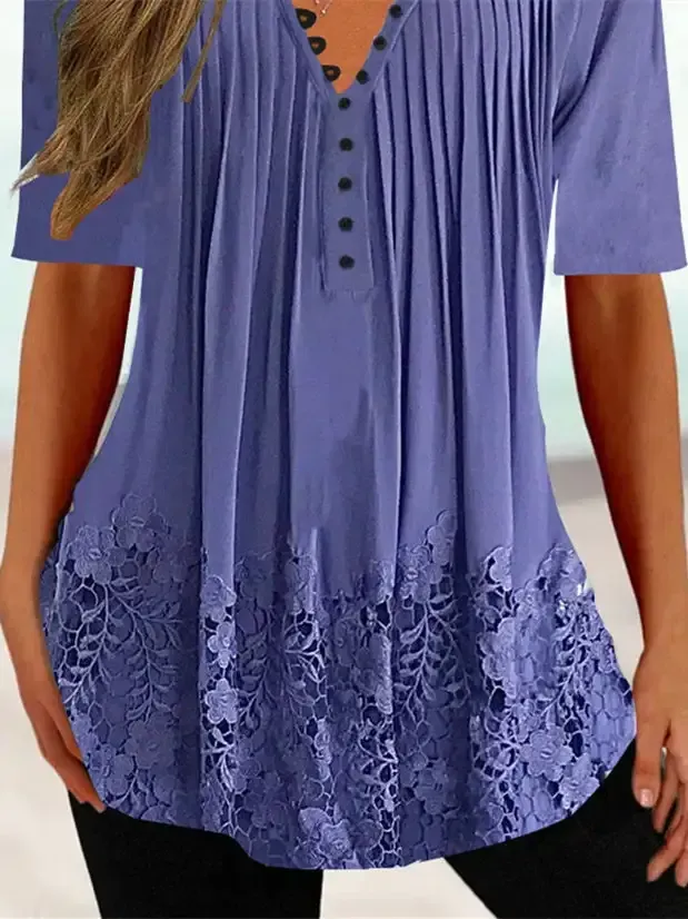 Women Half Sleeve V-neck Solid Floral Lace Tops