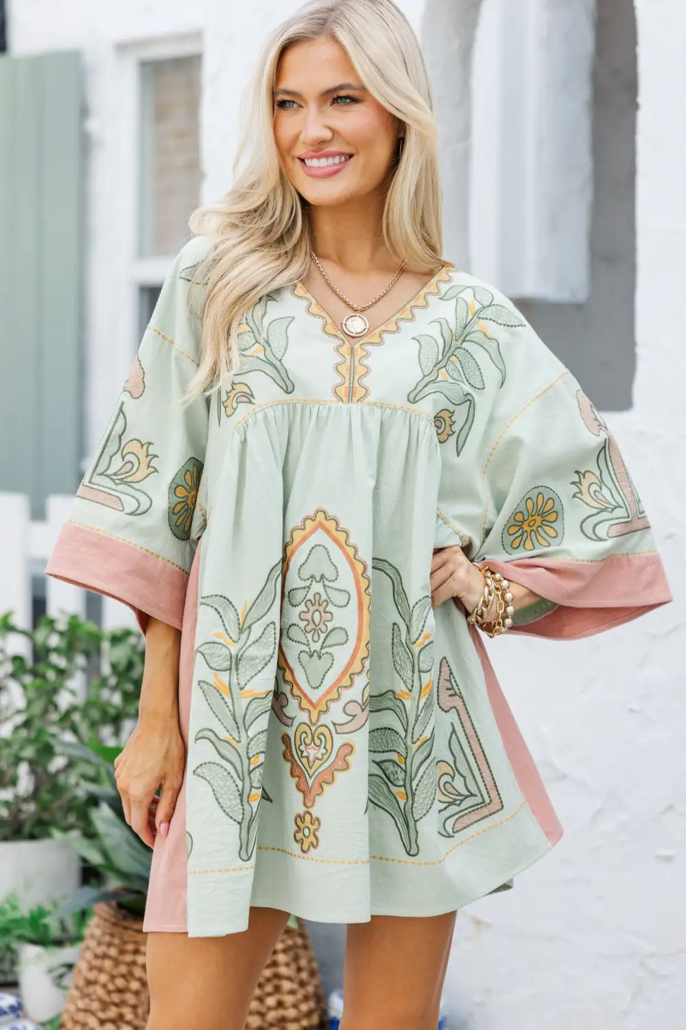 Just My Type Mint Green Floral Embroidery Babydoll Dress