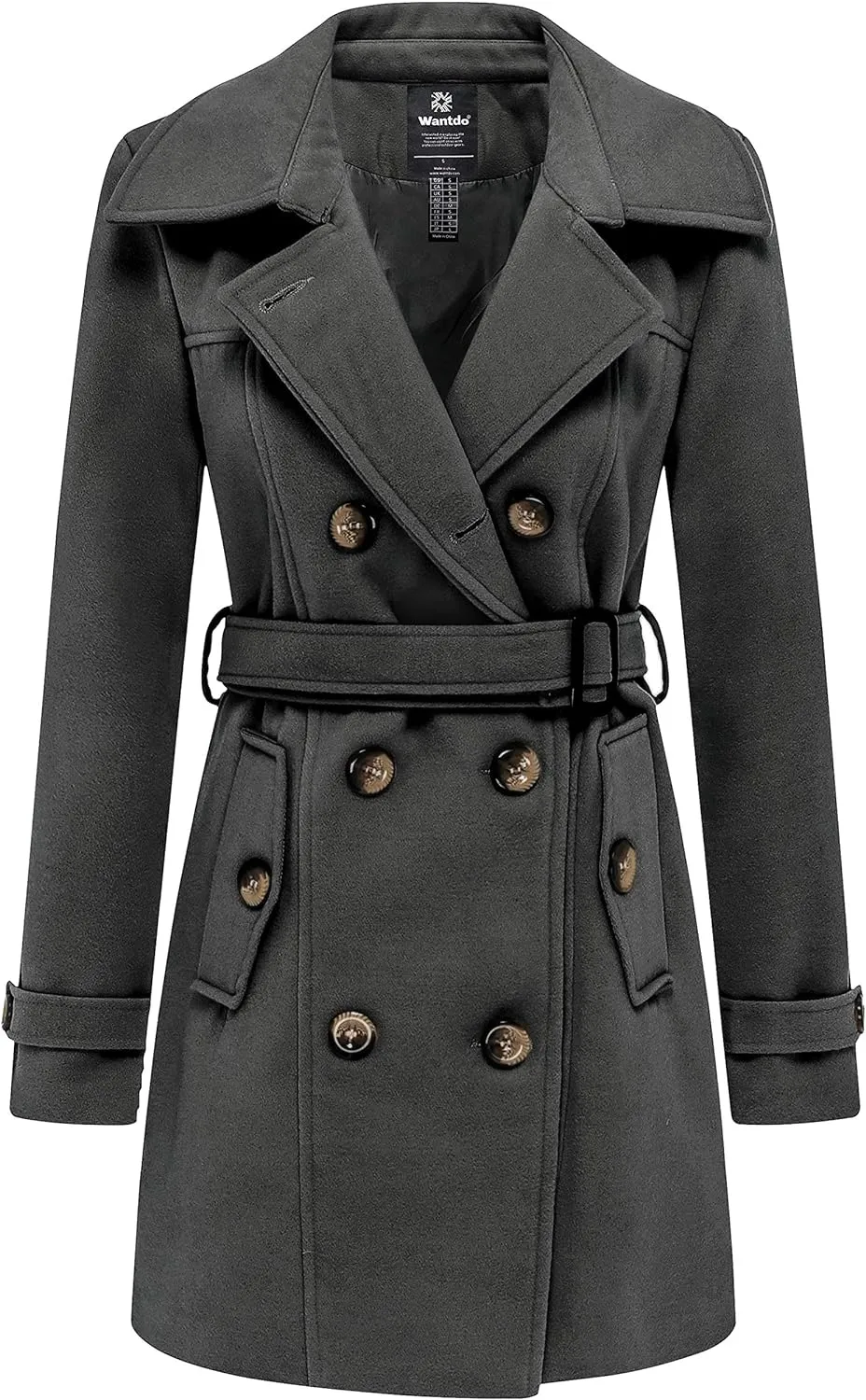 Women's Double Breasted Pea Coat Winter Mid-Long Trench Coat with Belt