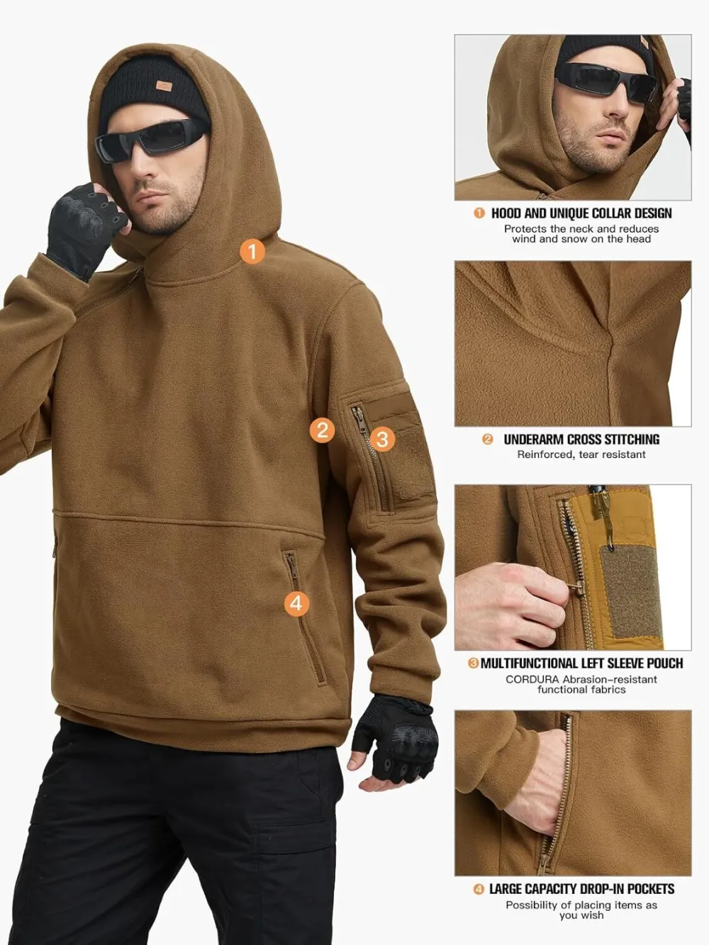 Men's Tactical Winter Fleece Pullover Hoodie Warm Long Fleece lined Hooded Sweatshirt