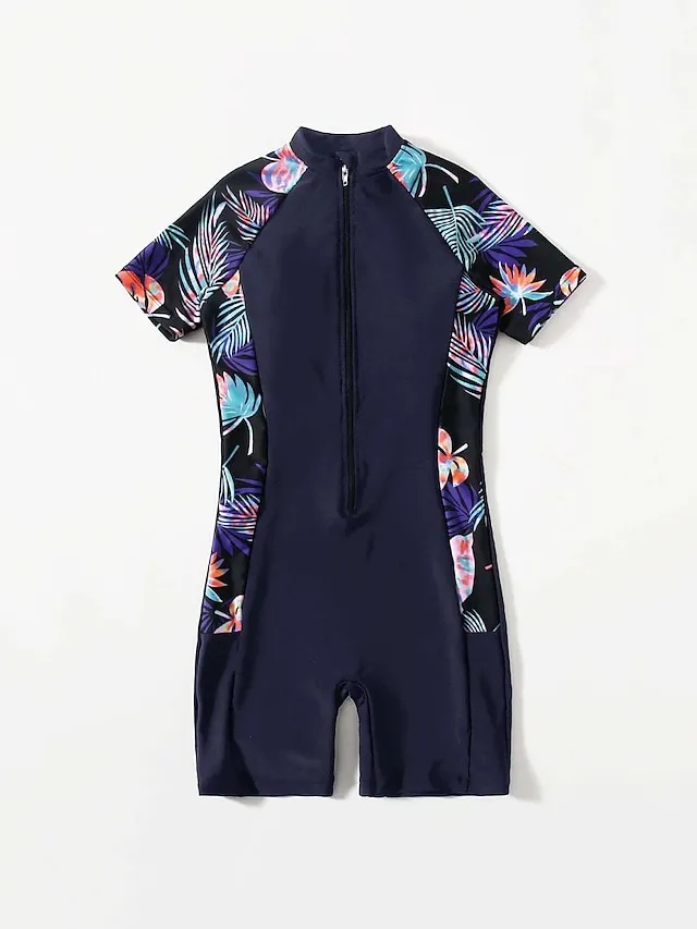 Women's Swimwear Rash Guard Diving Bathing Suits Normal Swimsuit Zipper UV Protection Modest Swimwear Tummy Control Printing Leaf Black Padded Scoop Neck Bathing Suits Sports Vacation Stylish