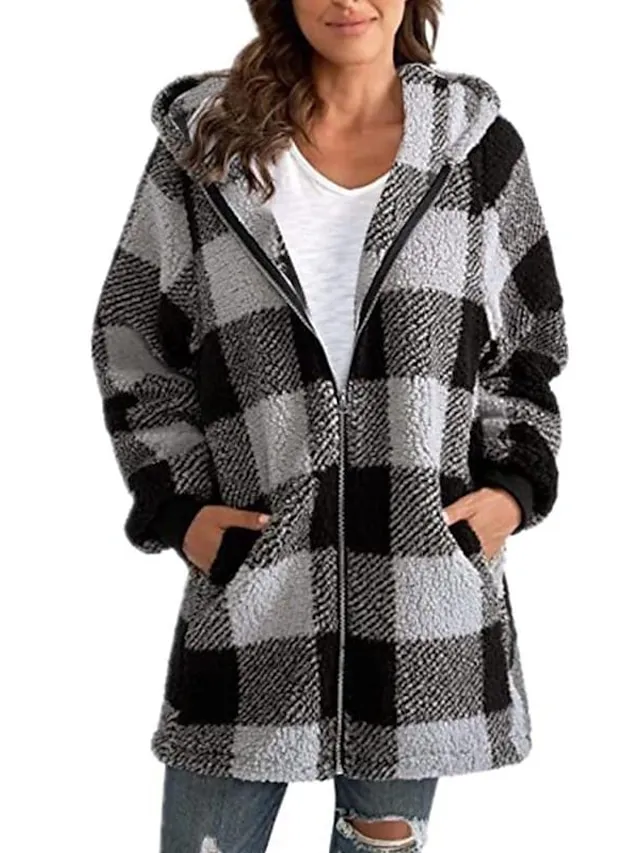 Women's Zip Hoodie Sweatshirt Vintage Sports Basic Zip Up Front Pocket Black Red Blue Plaid Street Casual Hoodie Long Sleeve Top Micro-elastic Fall & Winter