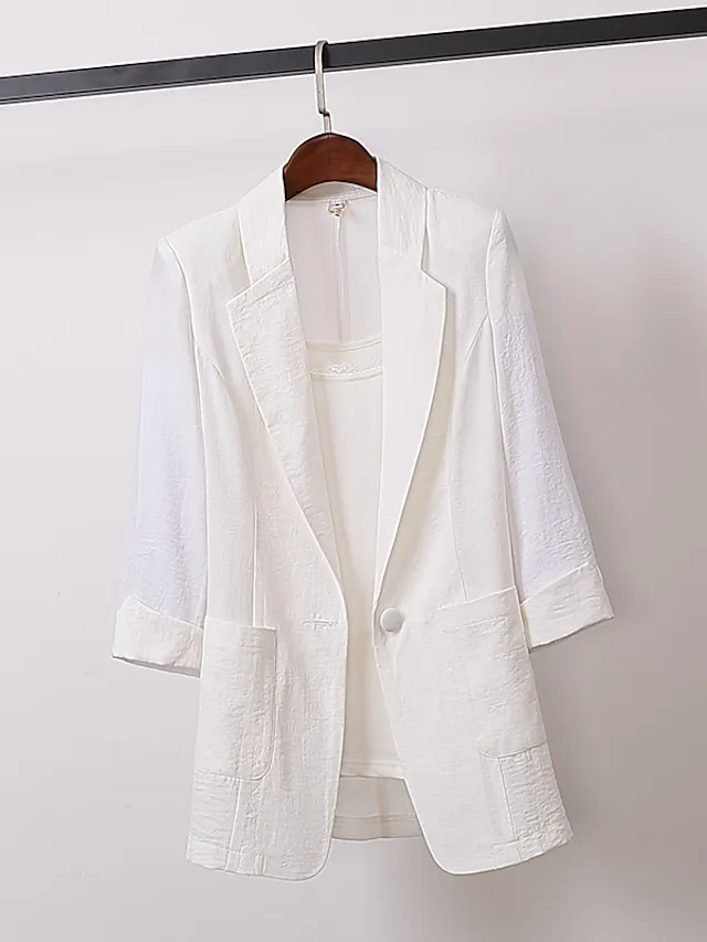 Women's Blazer Outdoor Office Office / Career Spring Summer Fall Regular Coat Regular Fit Breathable Basic Simple Modern Style Jacket 3/4 Length Sleeve Solid Color Pure Color with Pockets White Black