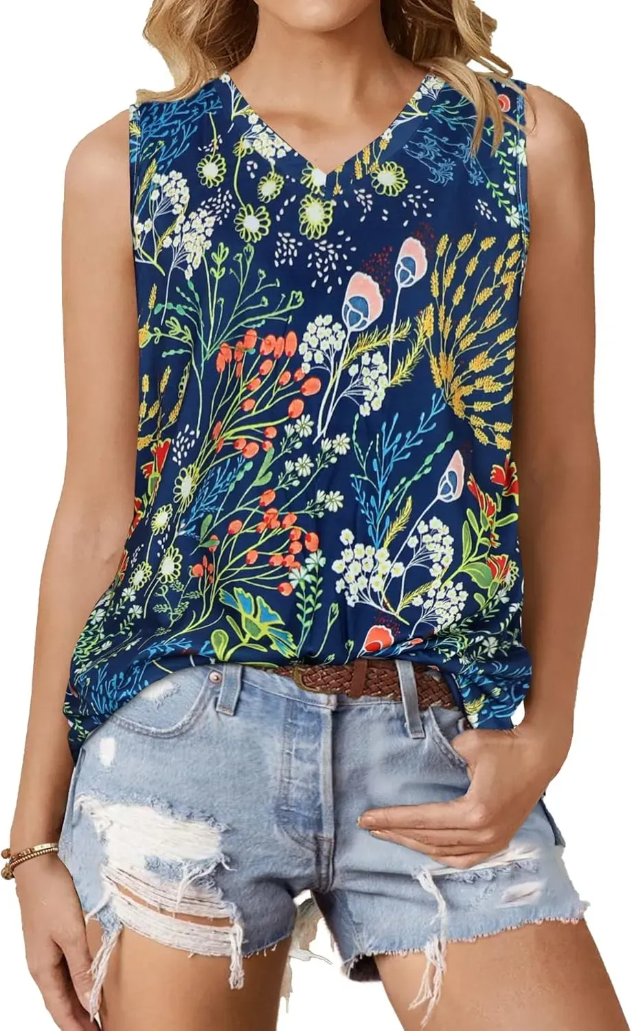 Summer Tops for Women Sleeveless V Neck Tshirt Loose Fit Casual Tank Tunic Blouse