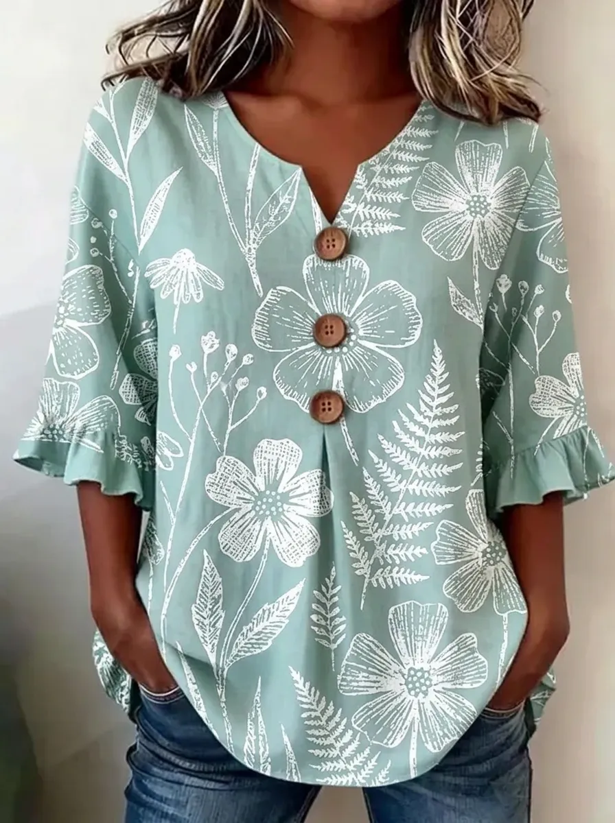 Women's Nashville Floral Fern Printed V-Neck Button Top