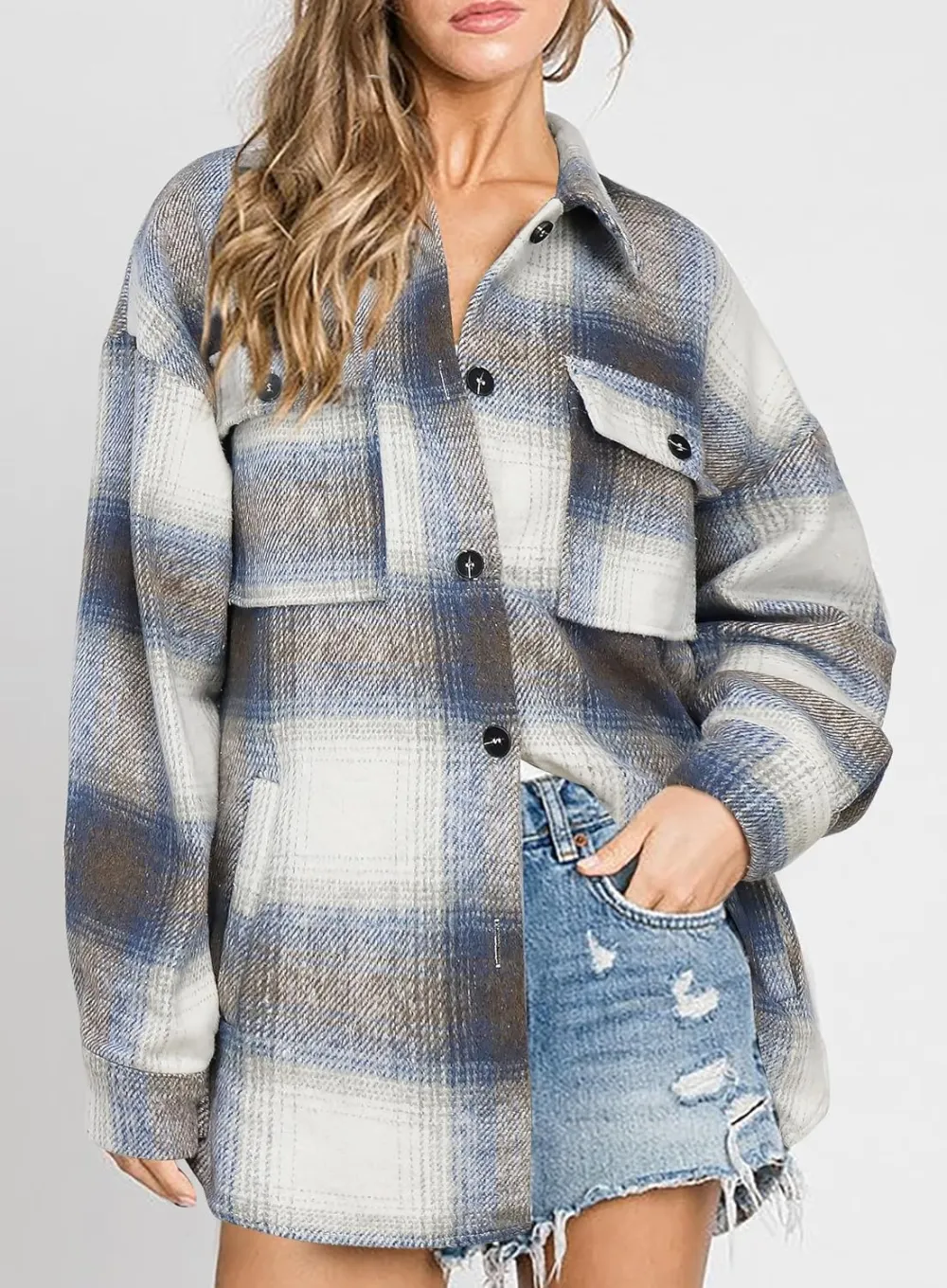 Women's Flannel Plaid Shacket Long Sleeve Button Down Chest Pocketed Shirts Jacket Coats