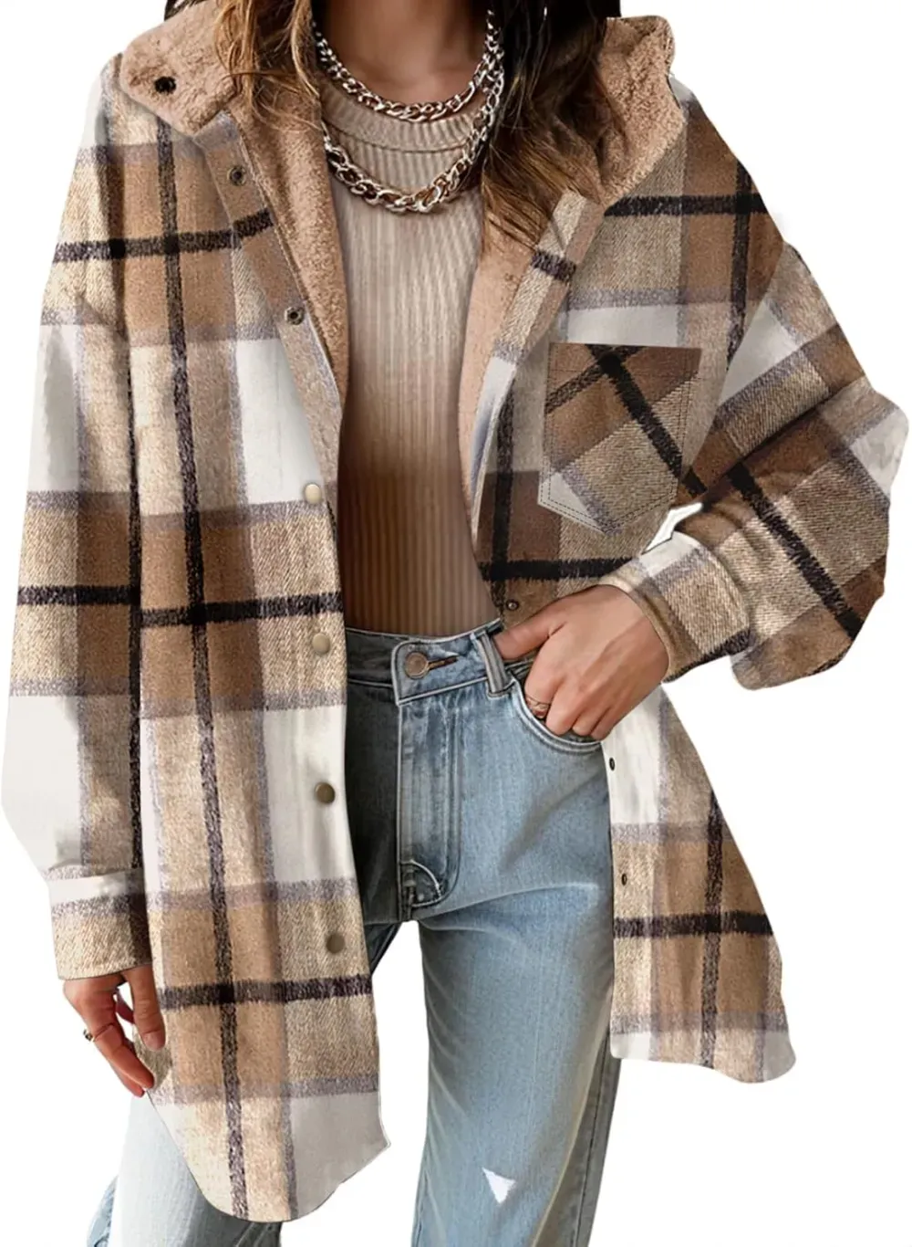Women's Flannel Hooded Plaid 2025 Shacket Thick Coat Winter Coat for Warmth Button down Warm and Fuzzy Fleece Jacket
