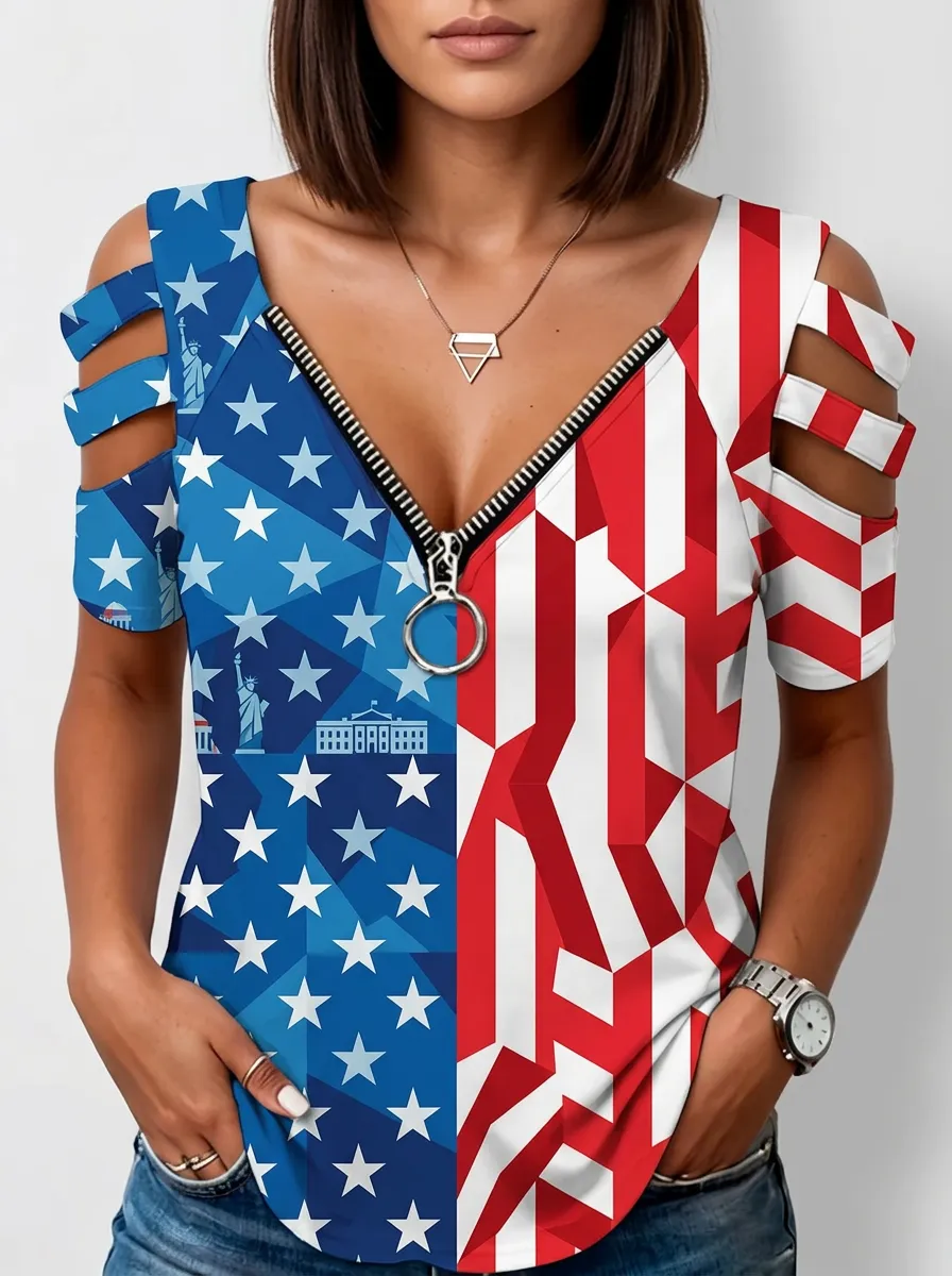 Women's USA Flag Statue of Liberty Printed Zipper Cold Shoulder Top
