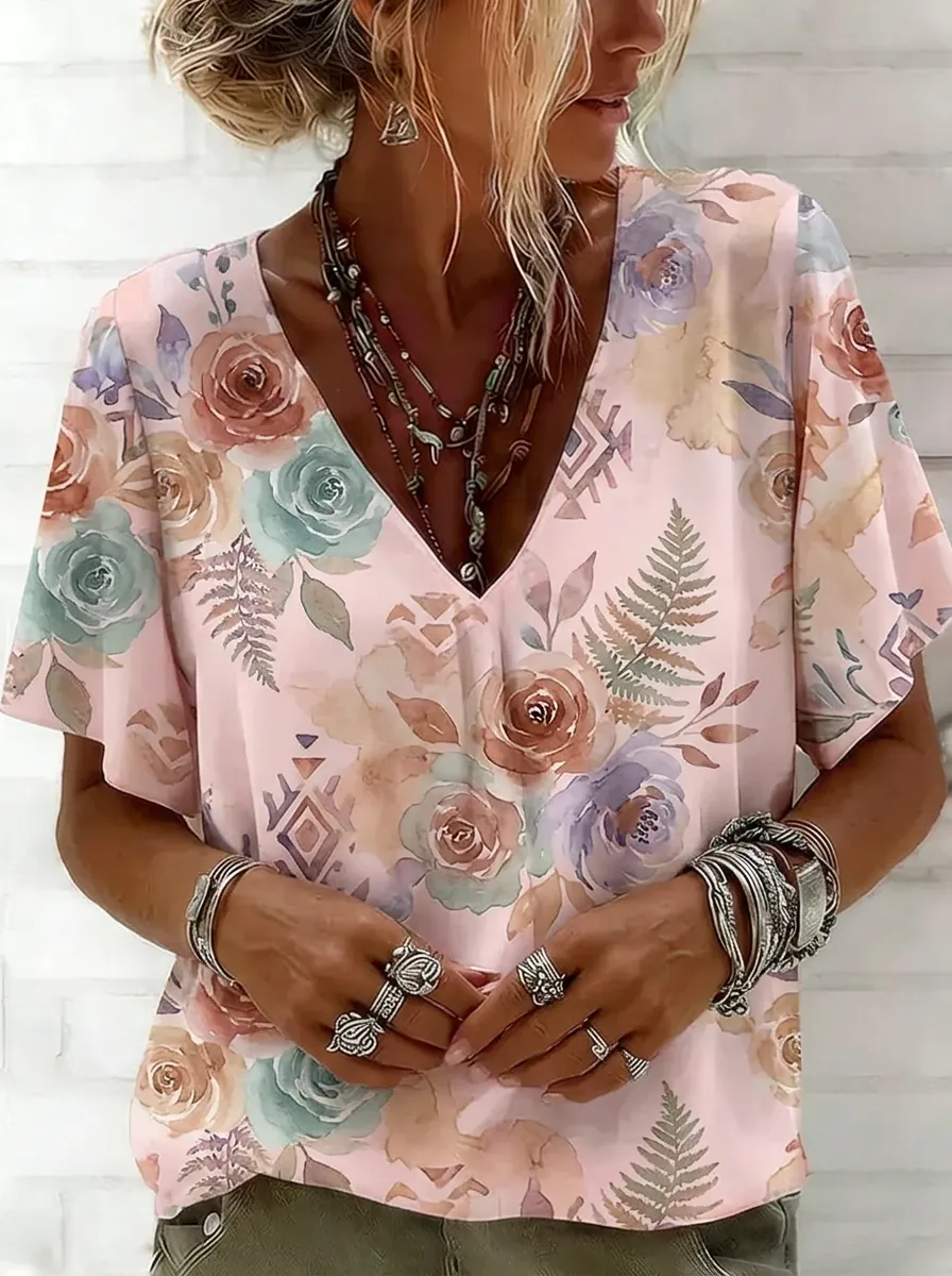 Women's Nashville Floral Watercolor Geometric Printed V-neck Top