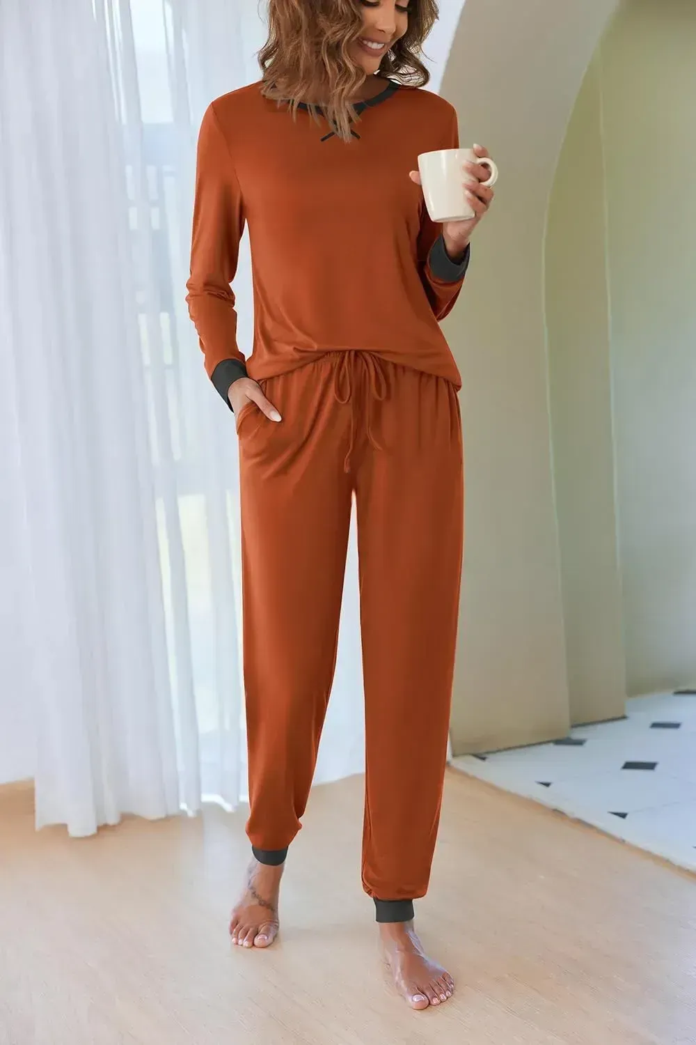 Women's Pajamas Sets Long Sleeve with Plaid Pants Soft Sleepwear O Neck 2 Piece Pjs Joggers Loung Set with Pockets