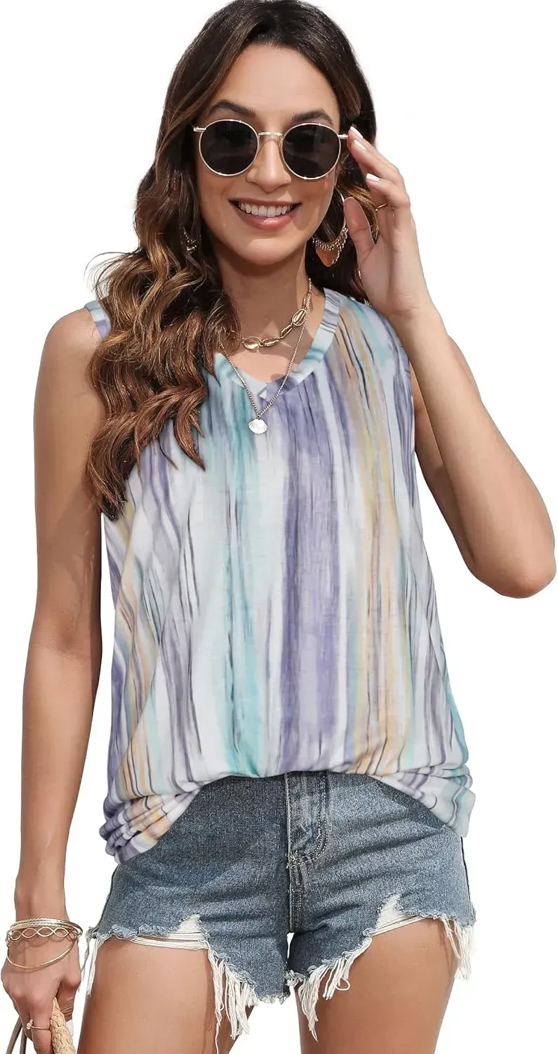 Summer Tops for Women Sleeveless V Neck Tshirt Loose Fit Casual Tank Tunic Blouse