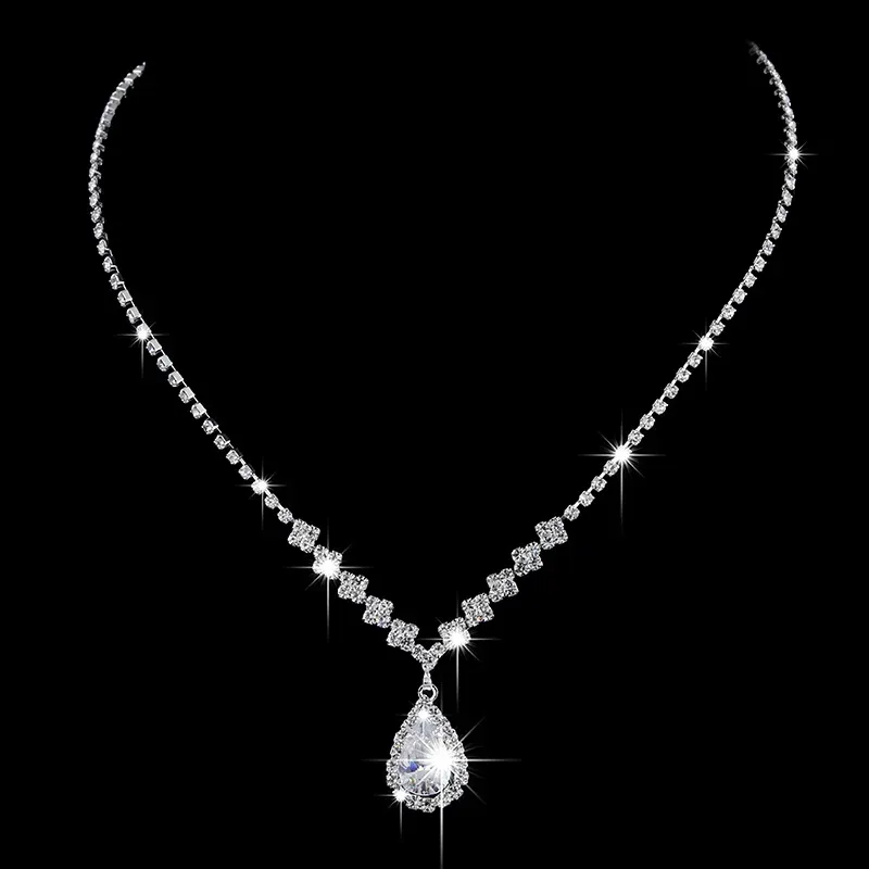 Brilliant Full Diamond Zircon Drop Necklace and Earrings Set