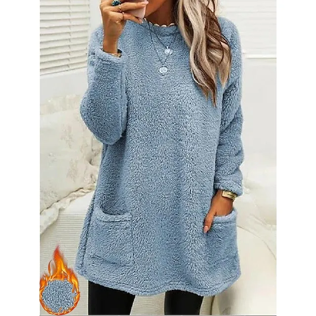 Women's Sweatshirt Pullover Fleece Sports Sherpa Fleece Teddy Pocket Marron Black White Solid Color Street Casual Round Neck Long Sleeve Top Micro-elastic Fall & Winter