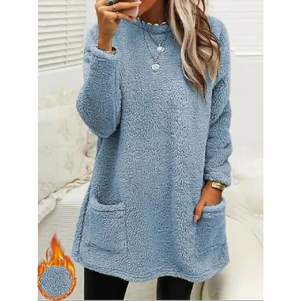 Women's Sweatshirt Pullover Fleece Sports Sherpa Fleece Teddy Pocket Marron Black White Solid Color Street Casual Round Neck Long Sleeve Top Micro-elastic Fall & Winter
