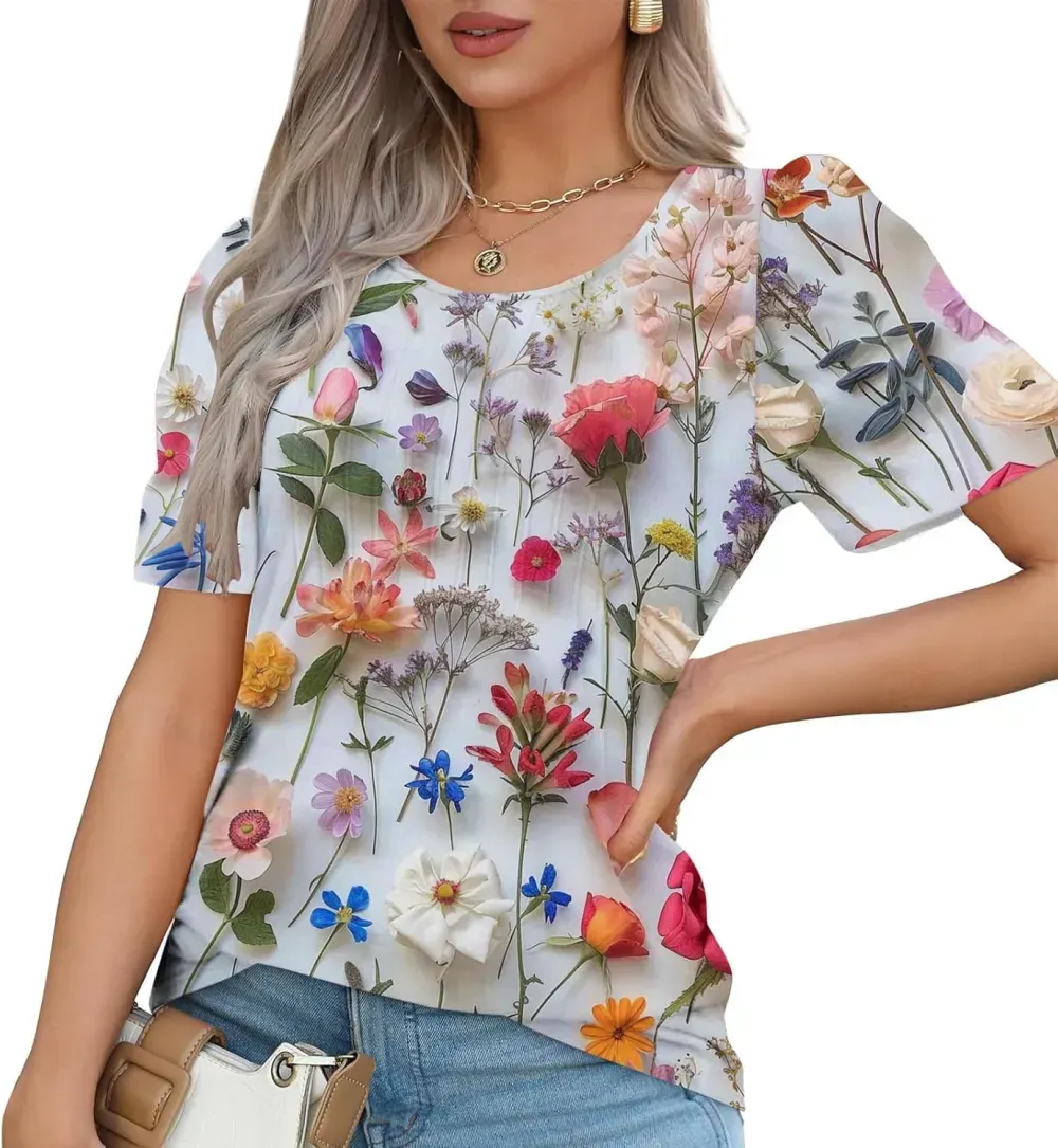 Womens Summer Pleated Front Shirts Tunics Casual Short Sleeved Loose Round Neck Boho Printed Tops Vacation Blouse