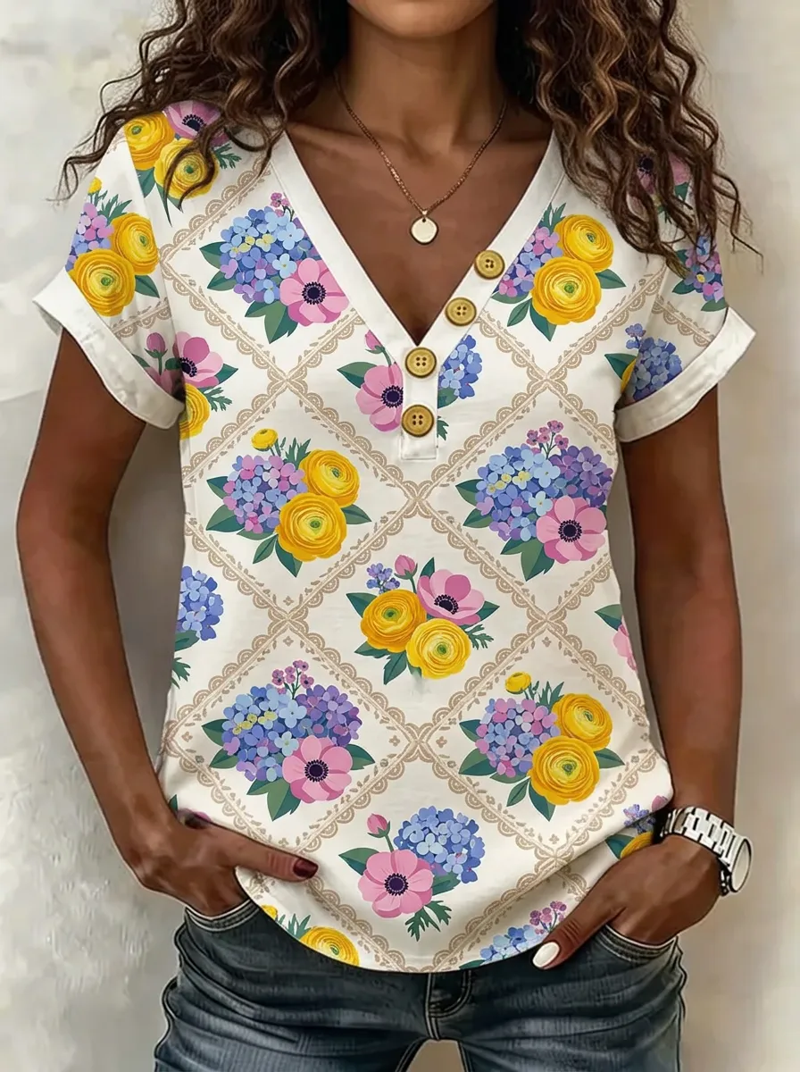 Women's Nashville Floral Lattice Pattern Printed V-Neck T-Shirt