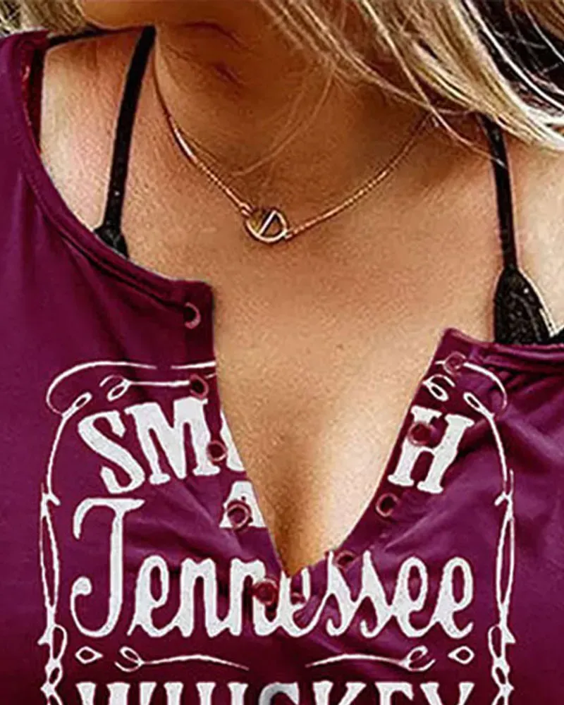 Smooth As Tennessee Whiskey Sweet As Strawberry Wine Print Eyelet Decor Casual Tank Top
