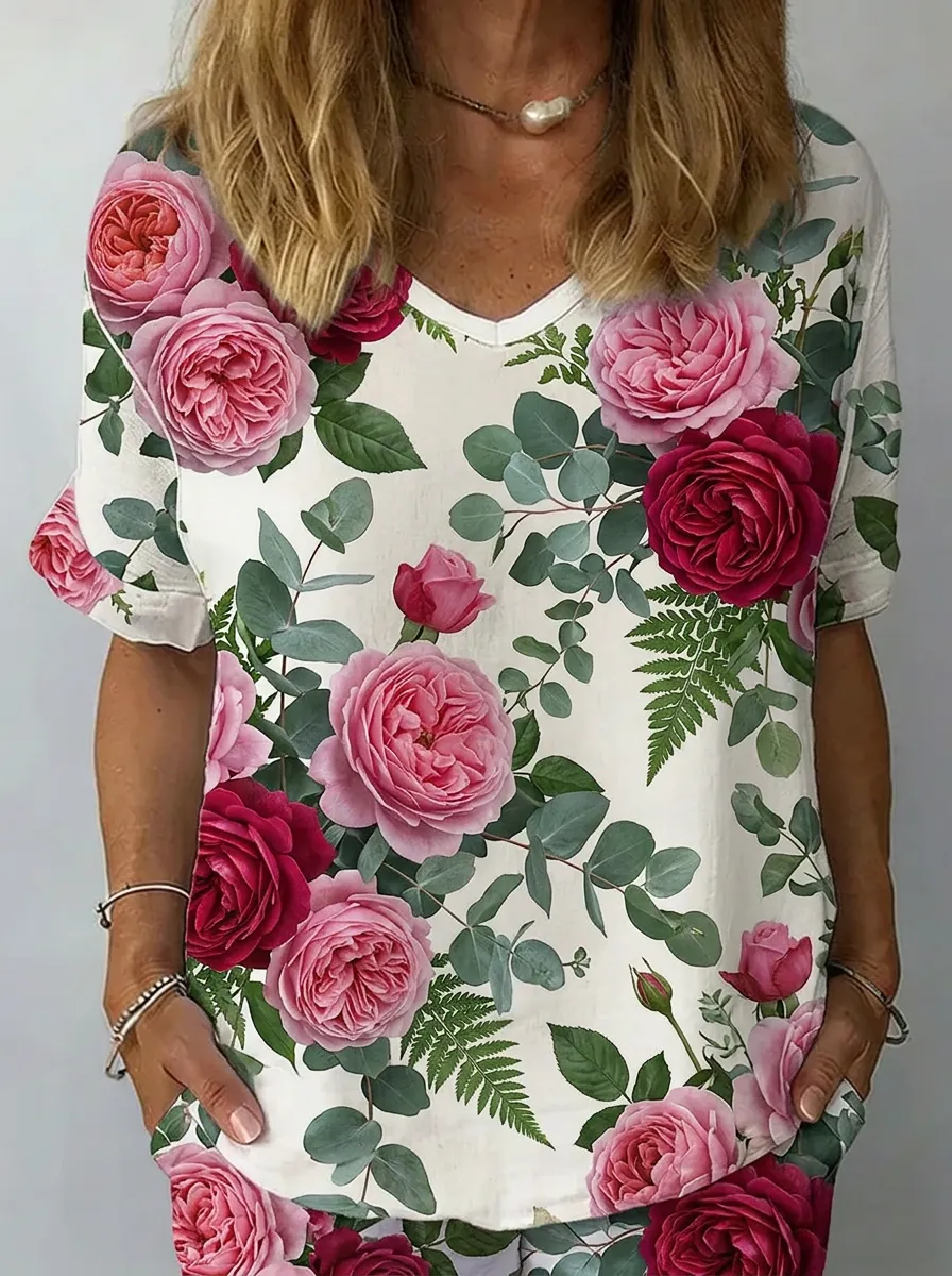 Women's Nashville Floral Rose Printed V-neck T-shirt